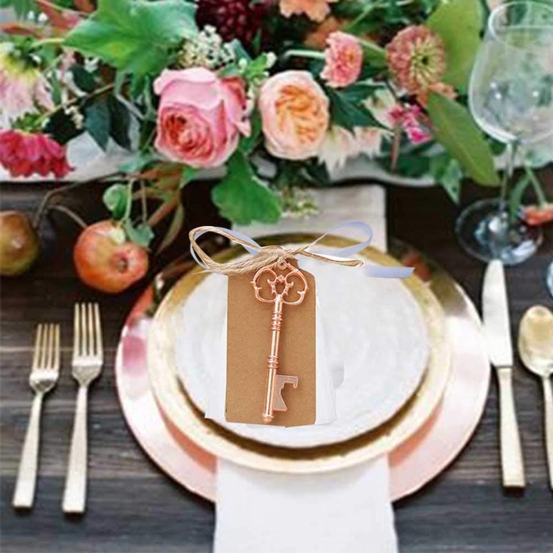 Bodosac Awtlife 50 Pcs Rustic Vintage Skeleton Key Bottle Opener with Tag Cards Sheer Bag for Wedding Party Favors 5 Style Gold Rose - Image 4